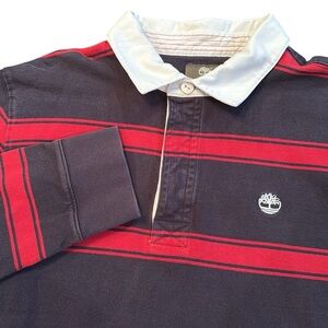 Timberland Regular Fit Rugby Polo Shirt Red/Black Stripe Thick Cotton Medium